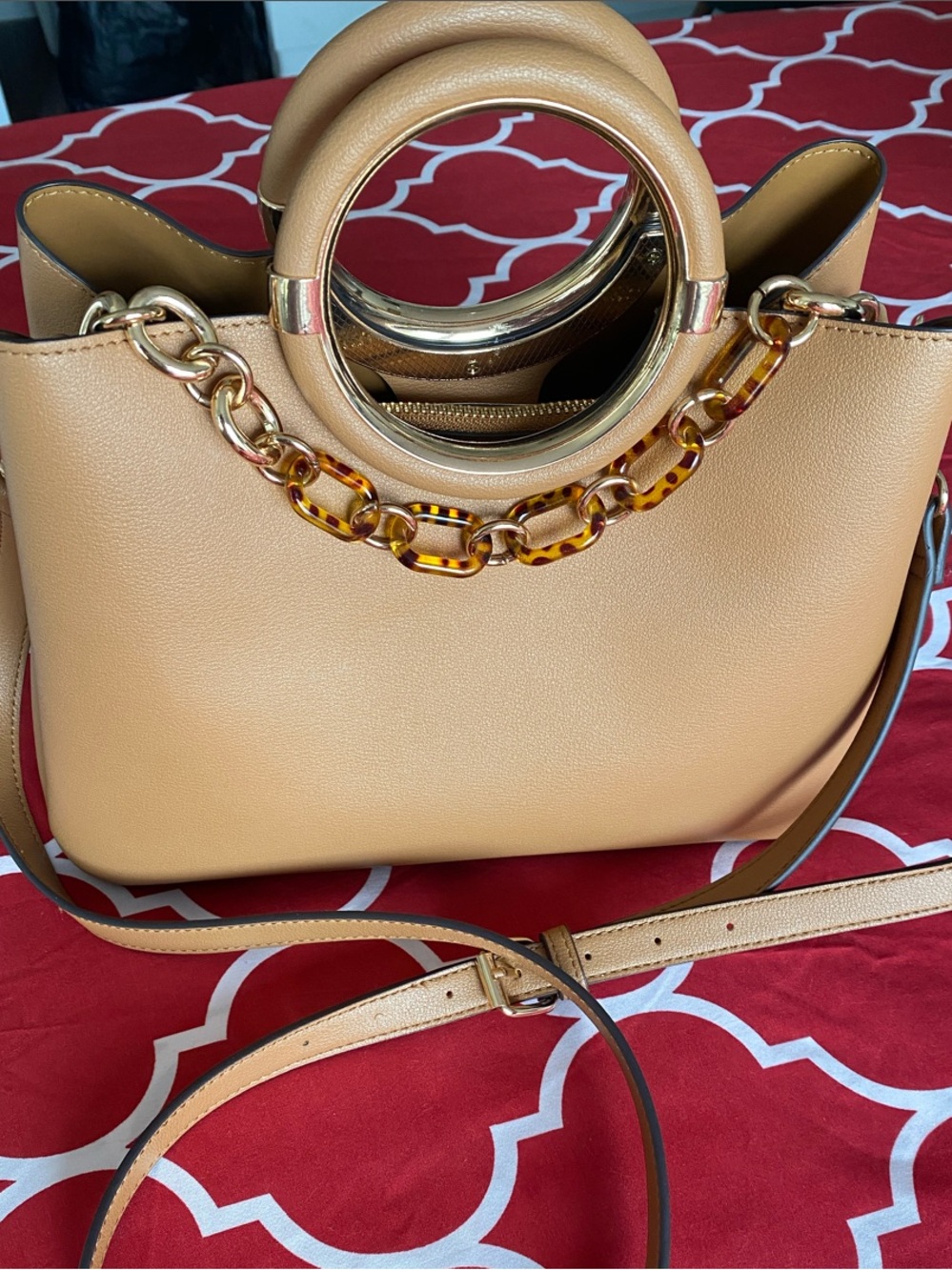 Aldo Tan Top-Handle Tote with Tortoiseshell Chain